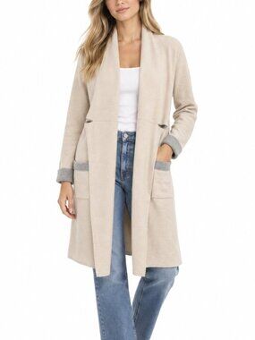 VENUS Cream & Gray Open Front Longline Cardigan Sweater Size M